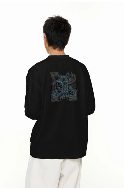 スローガンプリントグリッド柄長袖TシャツPS4